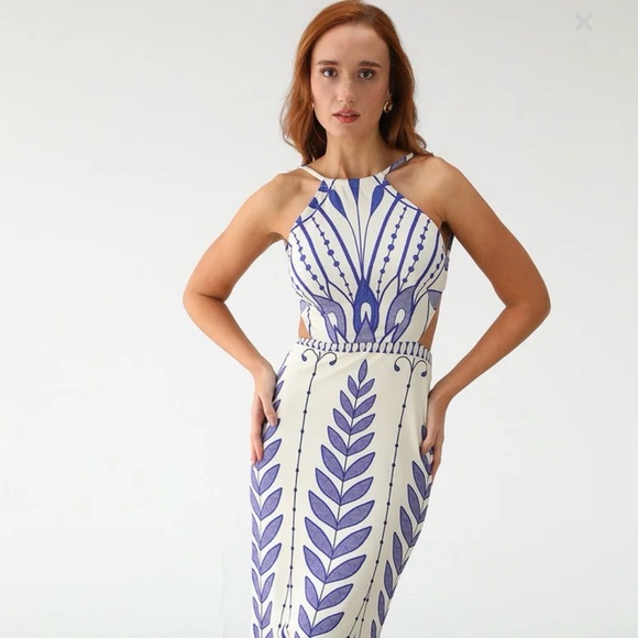 FARM Rio Dresses & Skirts - FARM Rio White and Periwinkle Cutout Halter Dress